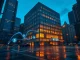 Blockchain data stream flowing into NYSE building representing EOS ICO funds fueling Bullish IPO