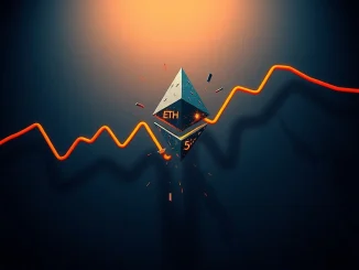Ethereum ETH symbol shattering over a graph and map illustrating the crypto price crash due to Middle East geopolitical tensions.