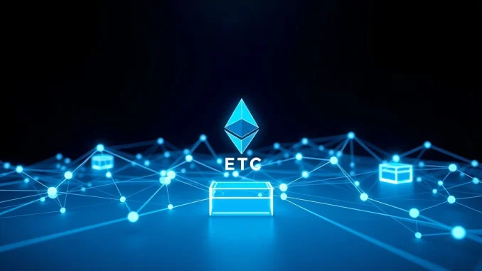 Ethereum Classic blockchain network visualization showing interconnected nodes and data structure for market analysis