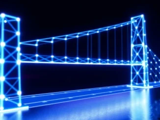 Digital blockchain bridge representing Ethereum's FCR upgrade for faster transaction confirmations.