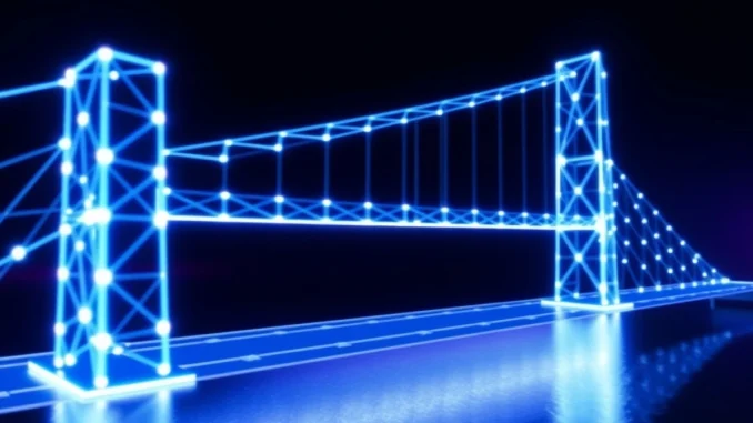 Digital blockchain bridge representing Ethereum's FCR upgrade for faster transaction confirmations.