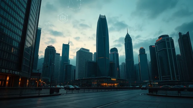 Hong Kong financial district skyline with digital currency symbols representing new stablecoin licenses.