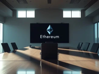 Empty boardroom with Ethereum logo on screen representing leadership debate