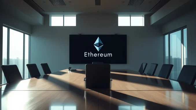 Empty boardroom with Ethereum logo on screen representing leadership debate