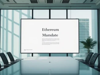 Ethereum Foundation mandate document displayed on a screen in a modern office setting.