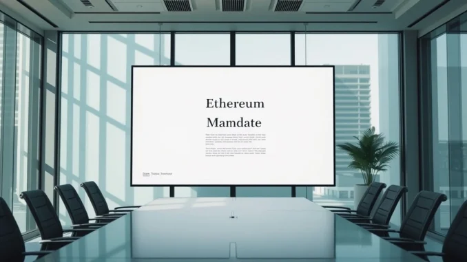 Ethereum Foundation mandate document displayed on a screen in a modern office setting.