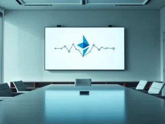 Corporate boardroom with digital screen showing Ethereum transaction visualization.