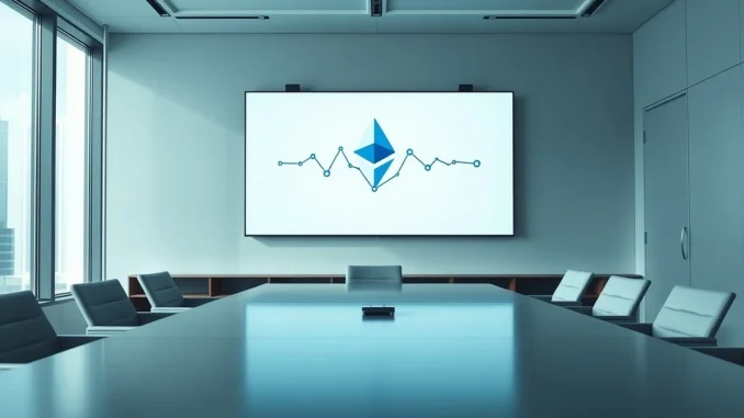 Corporate boardroom with digital screen showing Ethereum transaction visualization.