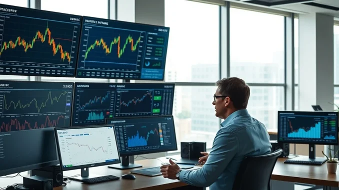 Financial newsroom monitors display cryptocurrency charts including Ethereum and USDC data.