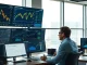 Financial newsroom monitors display cryptocurrency charts including Ethereum and USDC data.