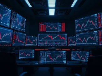 Analyst reviewing Ethereum futures market data showing significant bearish pressure on multiple monitors.