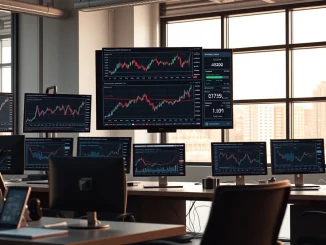 Editorial image of a newsroom with monitors displaying cryptocurrency market data and blockchain analytics.