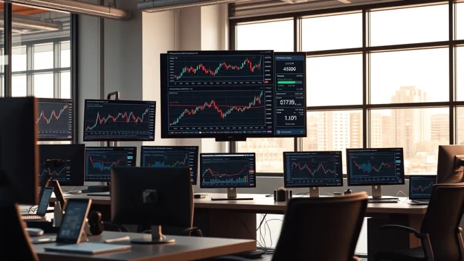 Editorial image of a newsroom with monitors displaying cryptocurrency market data and blockchain analytics.