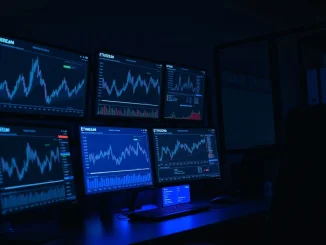 Analyst monitors Ethereum blockchain data and on-chain metrics on trading desk screens.
