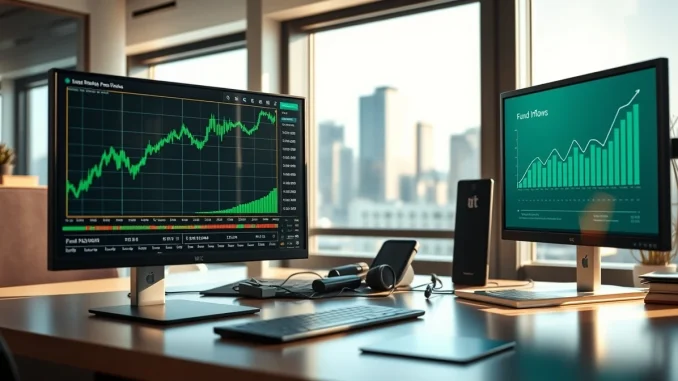 A financial trading desk monitors cryptocurrency price charts and fund inflow data.