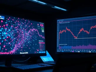 Analyst monitors blockchain developer activity and cryptocurrency price charts on a trading desk.