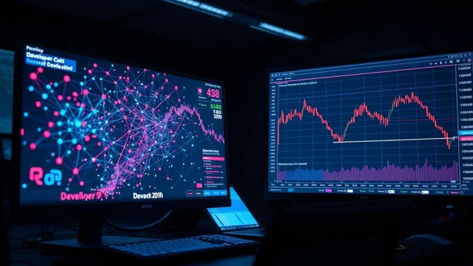 Analyst monitors blockchain developer activity and cryptocurrency price charts on a trading desk.