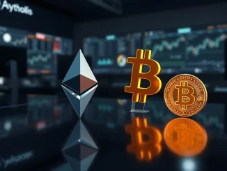 Visual comparison of the Ethereum and Bitcoin logos symbolizing ETH's 65% decline against BTC since the Proof-of-Stake merge.