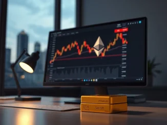 Ethereum whale activity shown by a trading screen and tokenized gold bar, representing a major portfolio hedge shift.