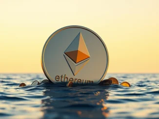 Ethereum whale accumulation and market rebound illustrated by a large ETH coin in a digital ocean at dawn.