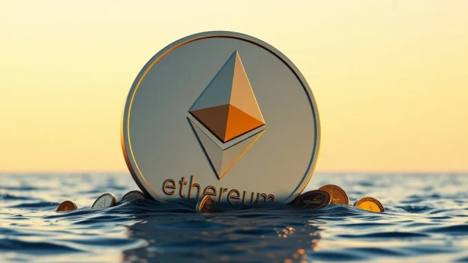 Ethereum whale accumulation and market rebound illustrated by a large ETH coin in a digital ocean at dawn.