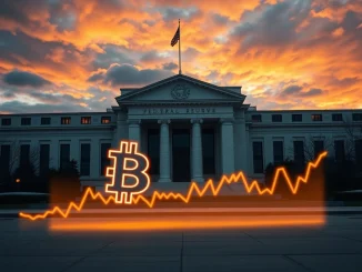 Federal Reserve building with Bitcoin symbol illustrating monetary policy impact on cryptocurrency markets.
