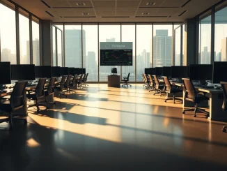 Empty financial trading floor representing declining finance job openings and sector layoffs in 2026.