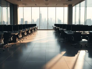 Empty financial trading floor symbolizing finance job openings at 2012 levels and US job losses.