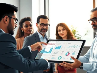 Finance leaders discussing digital asset strategy and blockchain technology in a boardroom meeting.