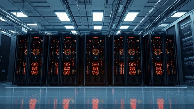Professional cryptocurrency mining rigs in a data center, representing Foundry's new institutional Zcash mining pool infrastructure.