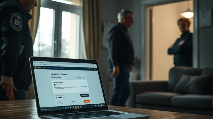 Scene depicting a Bitcoin wrench attack during a fake police home invasion in France.