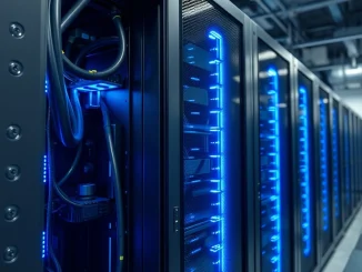 Server rack with liquid cooling system for AI chips by Frore Systems.