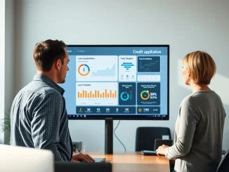 Financial professionals review an AI-powered loan origination dashboard at a credit union.