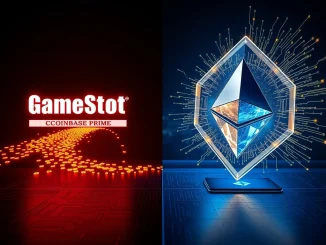 Symbolic image of GameStop's Bitcoin holdings moving to Coinbase with Ethereum quantum security in the background.