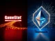 GameStop Bitcoin sale and Ethereum quantum security news on a financial trading desk monitor.