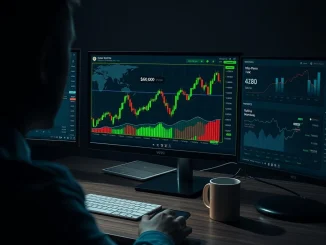 Geopolitical fears crypto community chatter analysis shown on trading desk monitors with Bitcoin chart and social media analytics.