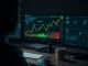 Geopolitical fears crypto community chatter analysis shown on trading desk monitors with Bitcoin chart and social media analytics.