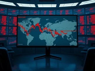 Breaking news image showing crypto market crash and Bitcoin price drop following Middle East geopolitical shock.