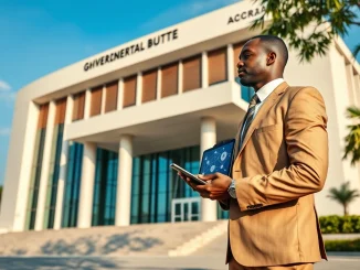 Ghana SEC official and government building representing the approval of 11 crypto companies for the regulatory sandbox program.