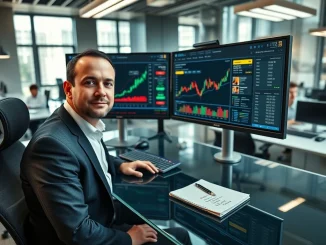 Financial analyst reviewing cryptocurrency and equity data at Goldman Sachs or Jefferies research desk
