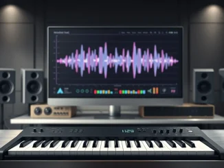 Google Lyria 3 Pro AI music generation model visualized in a modern production studio setting.
