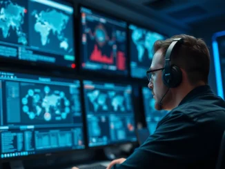 Cybersecurity operations center monitoring cloud infrastructure and AI workloads.