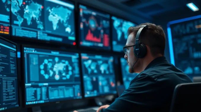 Cybersecurity operations center monitoring cloud infrastructure and AI workloads.