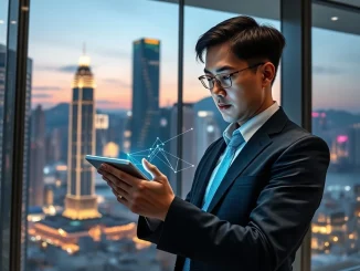 Financial analyst in Hong Kong reviewing blockchain data for upcoming stablecoin license approvals.