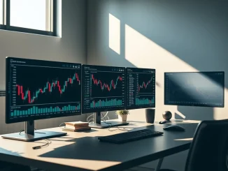 Analyst reviewing Hyperliquid HYPE token price charts and blockchain data on trading desk monitors.