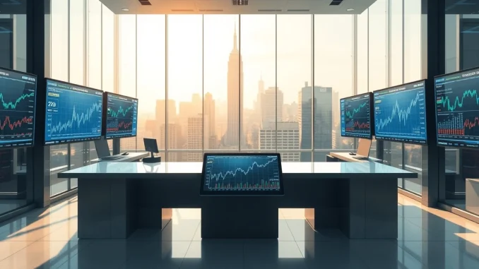 Financial trading floor data screens representing Intercontinental Exchange's investment in Polymarket prediction markets.