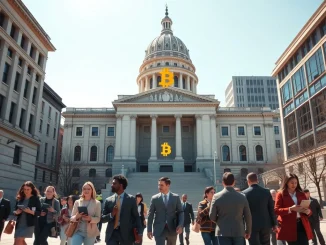 Indiana State Capitol with Bitcoin integration representing new retirement plan legislation for public employees