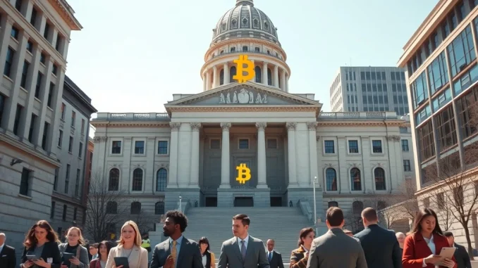 Indiana State Capitol with Bitcoin integration representing new retirement plan legislation for public employees