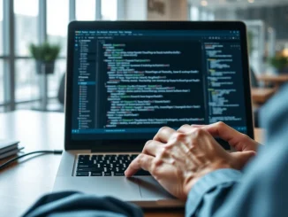 Developer typing code on a laptop showing a GitHub repository, representing high developer activity for crypto projects.