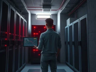 Technician monitoring cryptocurrency servers in Iran during market disruption after US-Israeli strikes